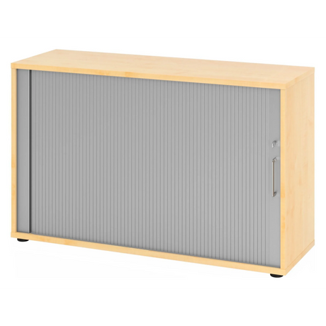 Rollladenschrank BETA R 1732S in Ahorn-Optik mit grauer Rollladenfront und Metallgriff von hjh OFFICE PRO