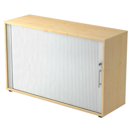 Rollladenschrank BETA R 1732S in Ahorn-Optik mit weißem Kunststoff-Rollladen und Relinggriff von hjh OFFICE PRO