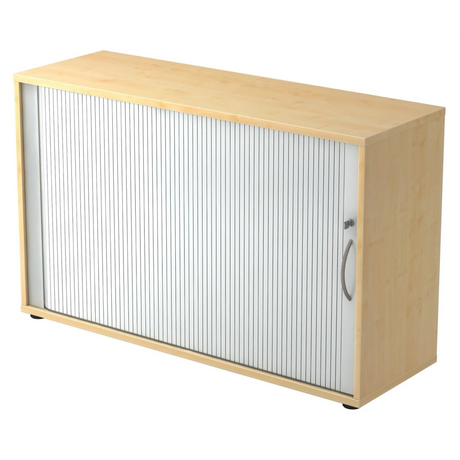 Rollladenschrank BETA R 1732S in Ahorn-Optik mit weißem Rollladen und silbernem Bogengriff von hjh OFFICE PRO