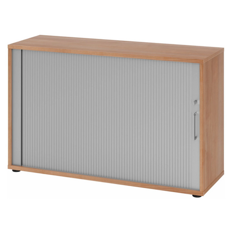 Rollladenschrank BETA R 1732S in Nussbaum-Optik mit grauem Rollladen und Metallgriff von hjh OFFICE PRO