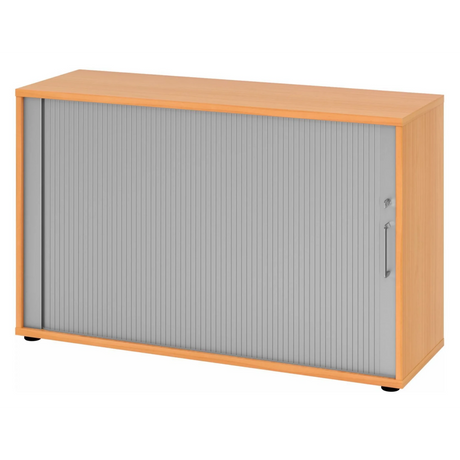 Rollladenschrank BETA R 1732S in Buche-Optik mit grauem Rollladen und Metallgriff von hjh OFFICE PRO
