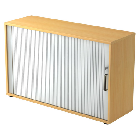 Rollladenschrank BETA R 1732S in Buche-Optik mit weißem Kunststoff-Rollladen und Streifengriff von hjh OFFICE PRO