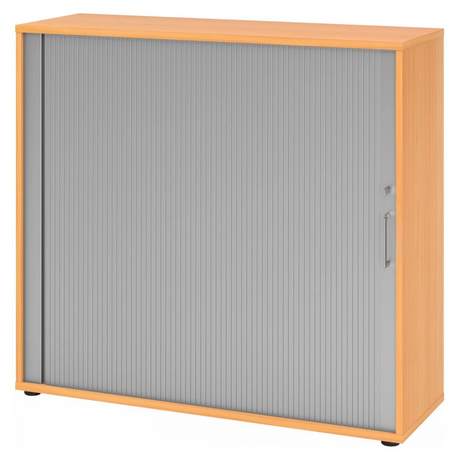 Rollladenschrank BETA R 1733S in Buche-Optik mit grauer Rollladenfront und Metallgriff von hjh OFFICE PRO