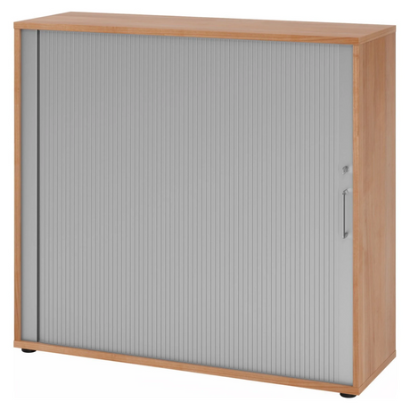 Rollladenschrank BETA R 1733S in Nussbaum-Optik mit grauem Rollladen und Metallgriff von hjh OFFICE PRO