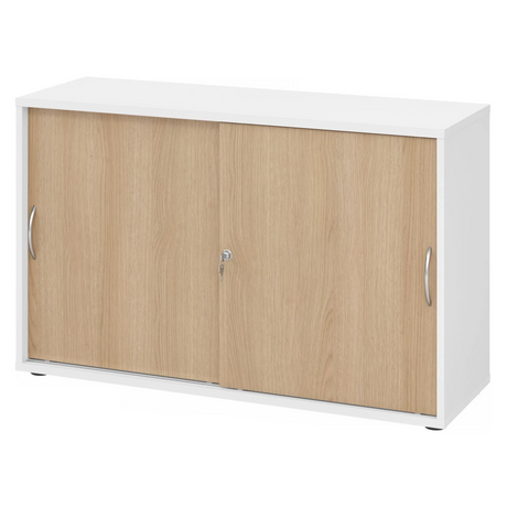 Schiebetürenschrank BETA S 1752S in Weiß und Eiche mit zwei Metall-Bogengriffen von hjh OFFICE PRO