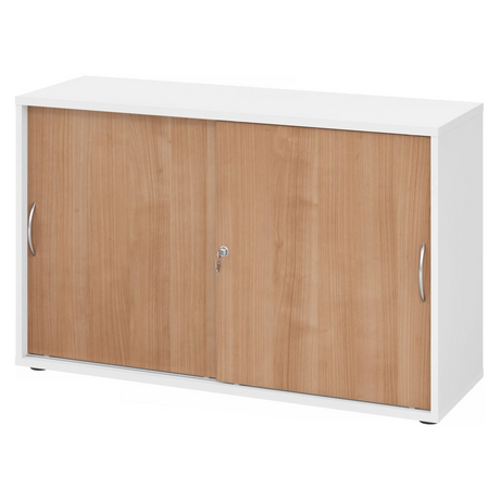 Schiebetürenschrank BETA S 1752S in Weiß und Nussbaum mit Metall-Bogengriffen von hjh OFFICE PRO