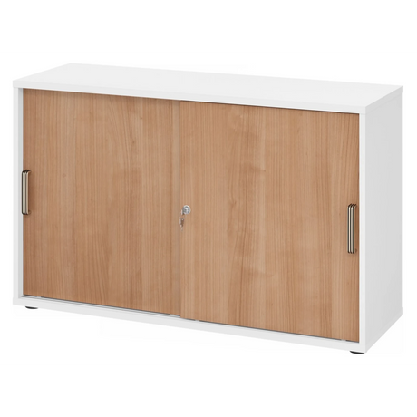Schiebetürenschrank BETA S 1752S in Weiß und Nussbaum mit zwei metallischen Streifengriffen von hjh OFFICE PRO
