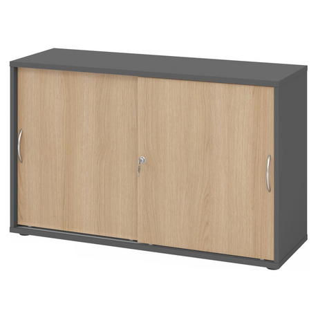 Schiebetürenschrank BETA S 1752S in Graphit und Eiche-Optik mit zwei Bogengriffen von hjh OFFICE PRO