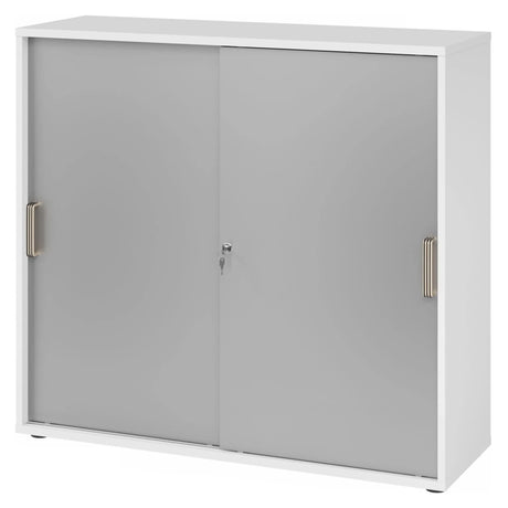 Weißer Schiebetürenschrank BETA S 1753S mit silbernen Kunststoffgriffen von hjh OFFICE PRO
