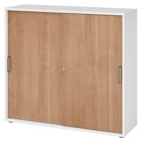 Schiebetürenschrank BETA S 1753S in Weiß und Nussbaum mit zwei silberfarbenen Streifengriffen von hjh OFFICE PRO