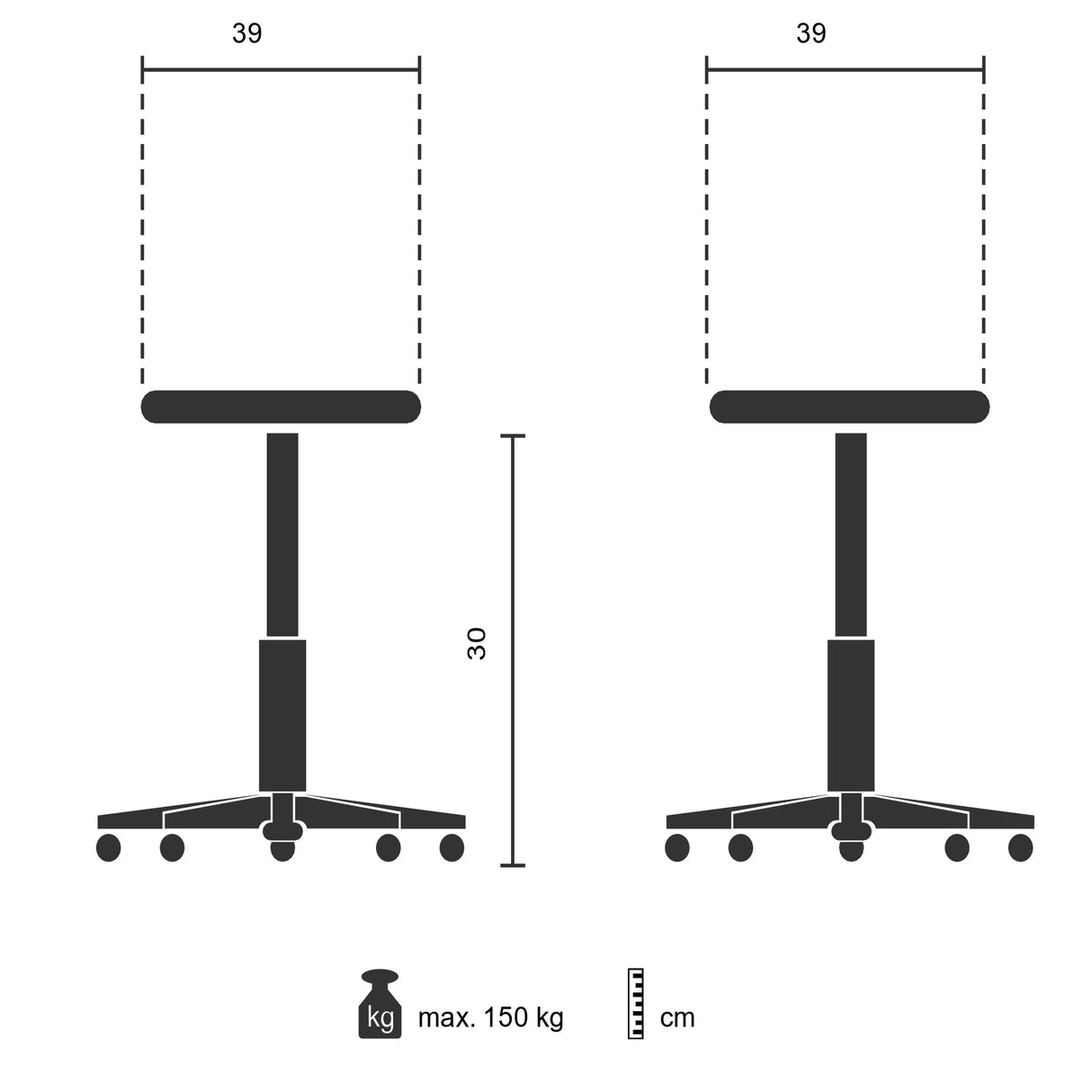 Technische Zeichnung des Tritthockers TIO-S mit einer Breite von 39 cm von hjh OFFICE