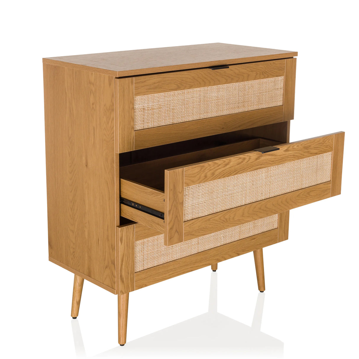 Kommode BOHEO K aus Eiche mit einer geöffneten Schublade und Geflecht-Fronten von hjh LIVING