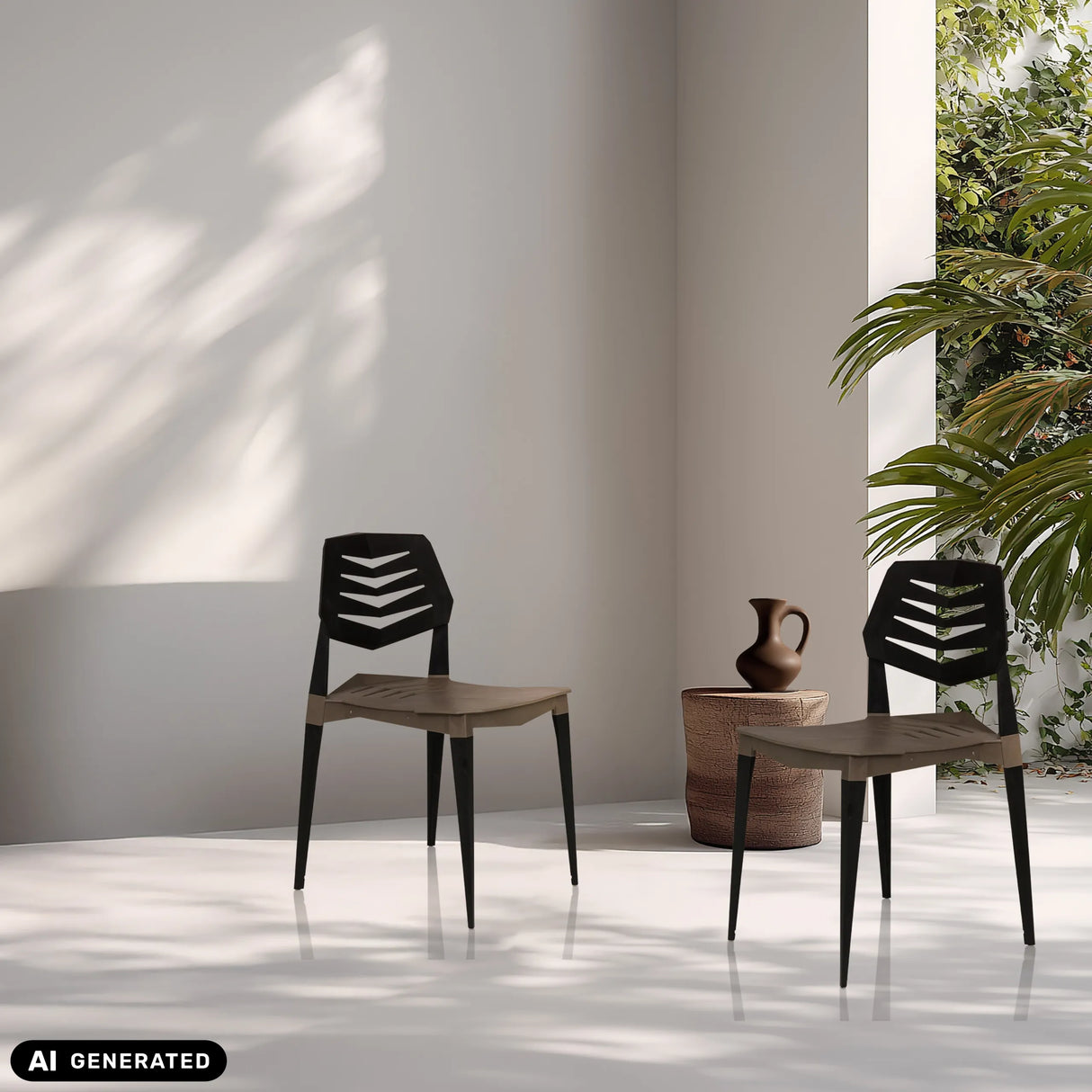 Zwei Outdoor-Stühle Flecharo in Braun und Schwarz von hjh LIVING (KI-generiertes Bild)