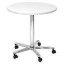 Runder System Konferenztisch BISTRO 80R C mit weißer Tischplatte und verchromtem Fußkreuz auf Rollen von hjh OFFICE PRO