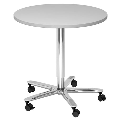 System Konferenztisch BISTRO 80R C mit grauer runder Platte und verchromtem Gestell auf Rollen von hjh OFFICE PRO