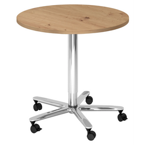 System Konferenztisch BISTRO 80R C mit runder Platte aus Asteiche, Chromgestell und Rollen von hjh OFFICE PRO