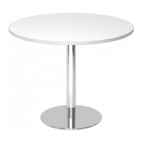 Runder System Konferenztisch BISTRO F100R C mit weißer Tischplatte und chromfarbenem Standfuß von hjh OFFICE PRO