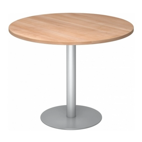 Runder Konferenztisch BISTRO F100R S mit heller Holzplatte und silbernem Standfuß von hjh OFFICE PRO