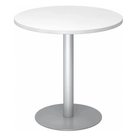Runder System Konferenztisch BISTRO F80R S mit weißer Platte und silberfarbenem Standfuß von hjh OFFICE PRO