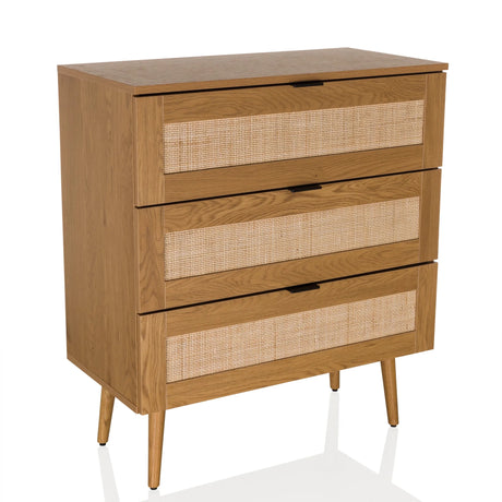Kommode BOHEO K aus Eiche mit drei Schubladen und Wiener Geflecht-Fronten von hjh LIVING