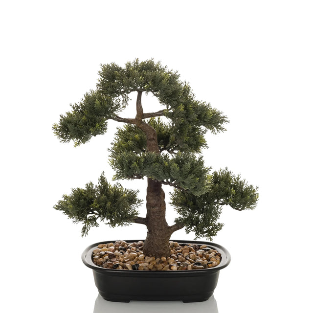 Kunstpflanze BONSAI in Form eines grünen Bonsais in einer schwarzen Schale mit Kieselsteinen von hjh OFFICE