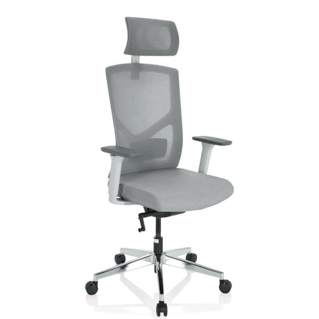 Profi-Bürostuhl BRETON PRO W in Grau mit Netzrücken, Kopfstütze und silbernem Fußkreuz von hjh OFFICE
