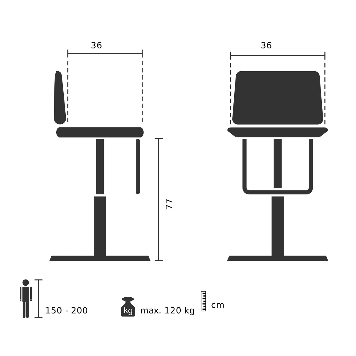 Technische Zeichnung des Barhockers LONSO 10 mit einer Höhe von 77 cm von hjh OFFICE