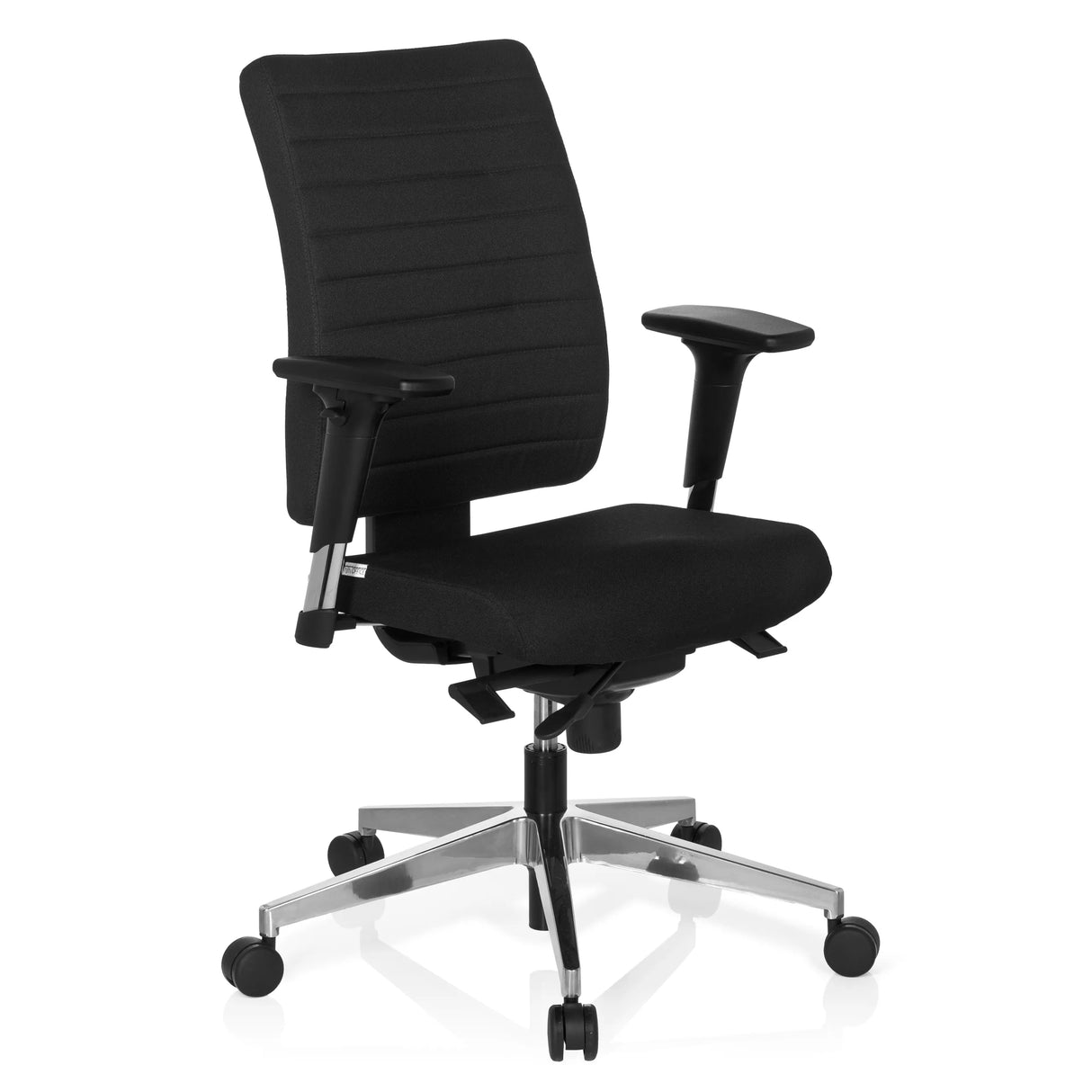 Schwarzer Profi-Bürostuhl PRO-TEC 350 mit Armlehnen und silbernem Fußkreuz mit fünf Rollen von hjh OFFICE – 360-Grad-Ansicht (schräge Frontansicht 40°)