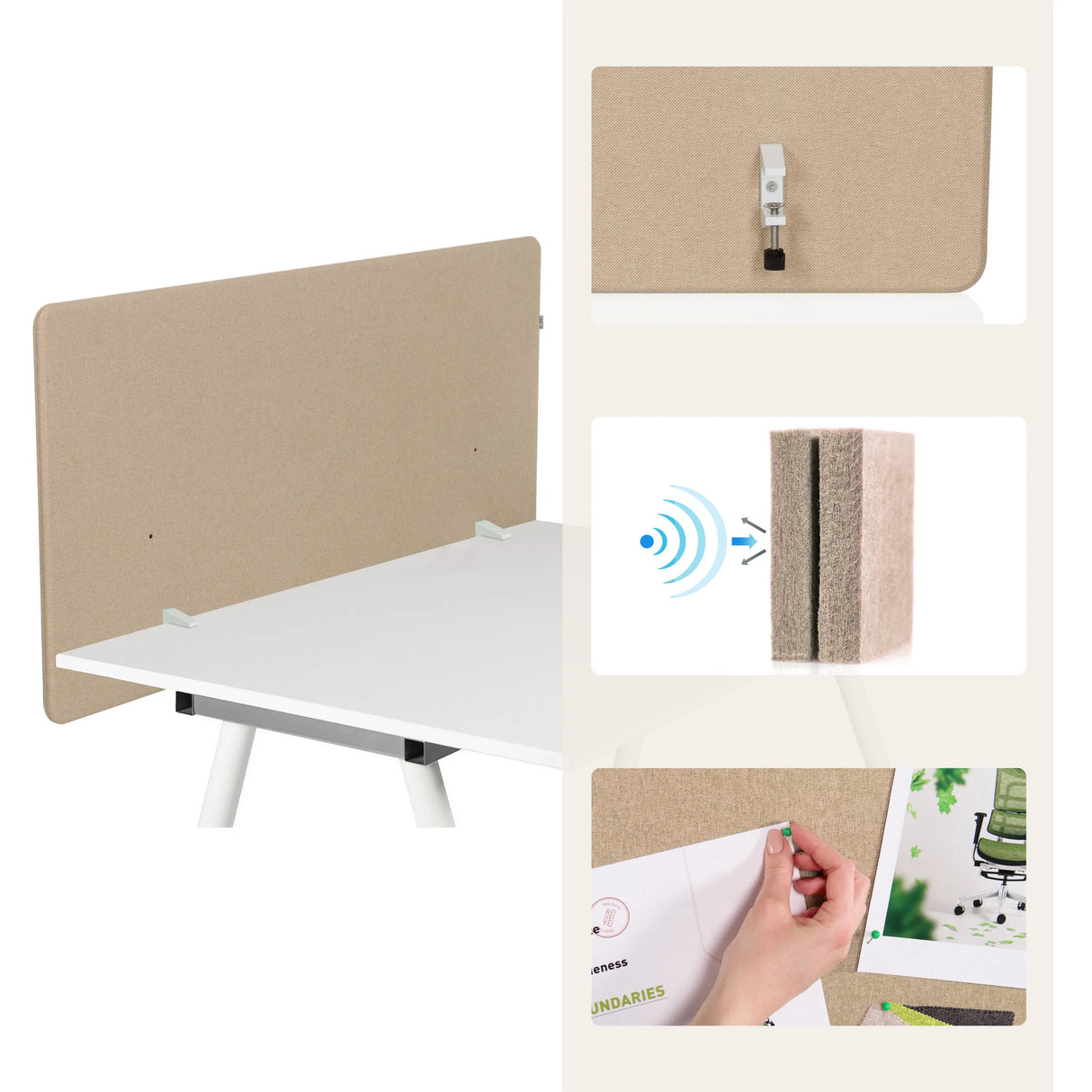 Beige Tischtrennwände FLEXMIUT D1 mit Befestigungsklammern, Schallschutz-Symbol und Pinnfunktion von hjh OFFICE