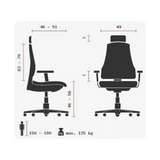 Technische Zeichnung des High-End-Bürostuhls ZERO 51 AL mit einer maximalen Belastbarkeit von 125 kg von Sitwell Steifensand