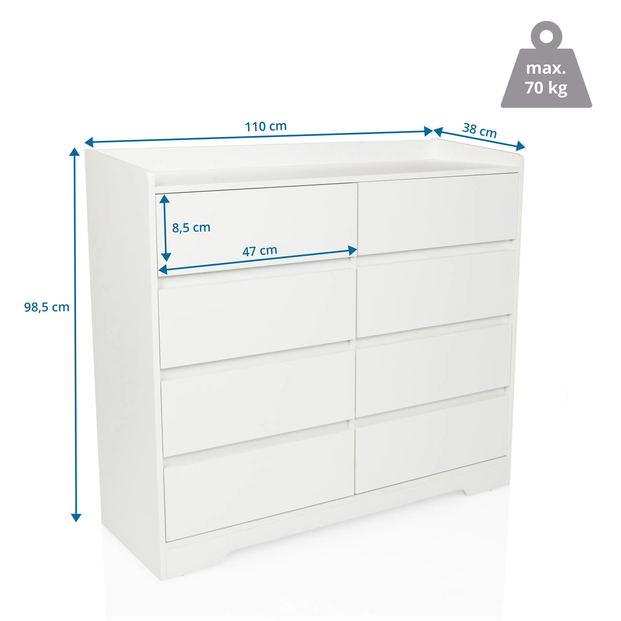 Maßzeichnung der Kommode OSOYRO mit 110 × 98,5 cm und einer Traglast von 70 kg von hjh LIVING