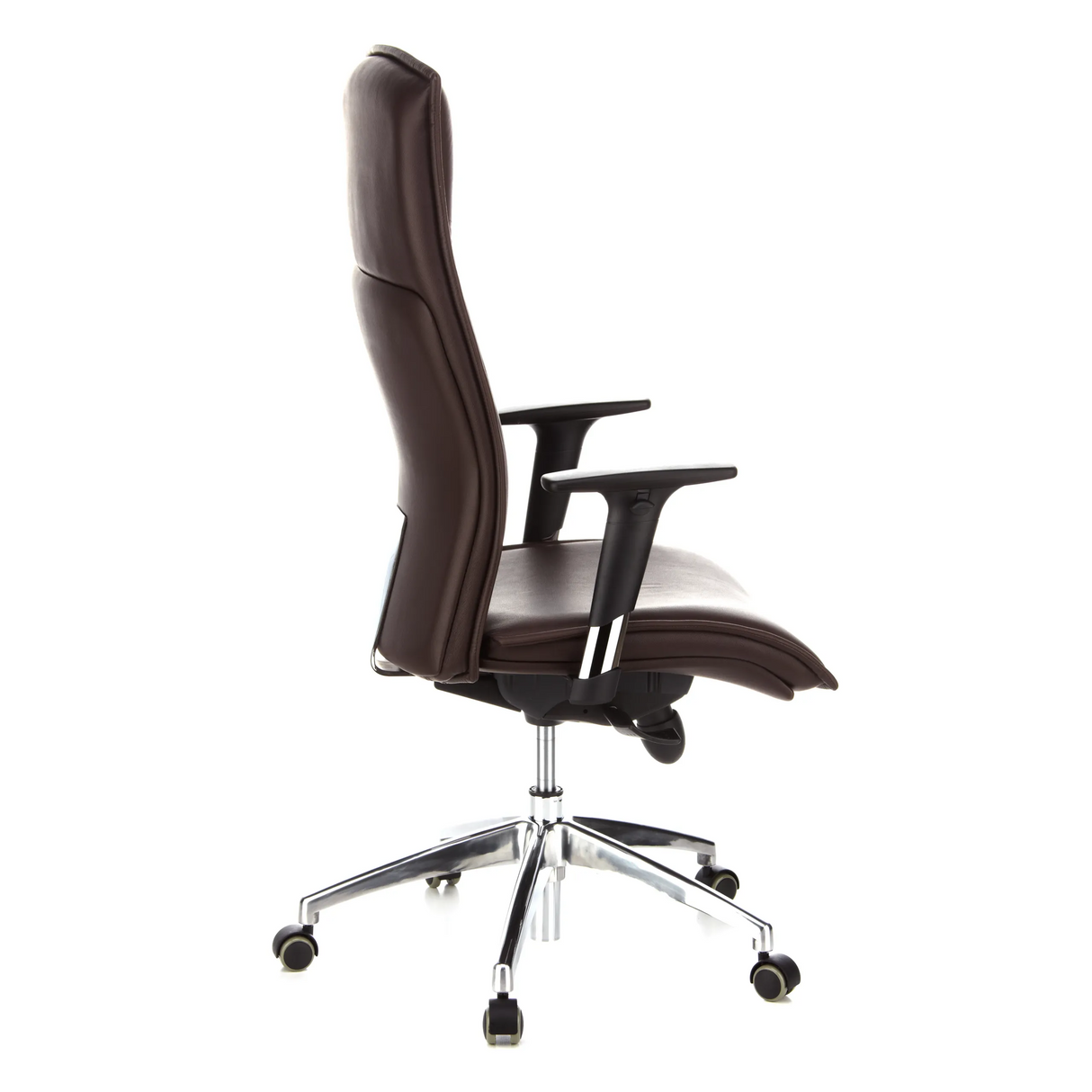 Dunkelbrauner Luxus-Chefsessel MURANO 20 mit Armlehnen und Fußkreuz mit fünf Rollen von hjh OFFICE – 360-Grad-Ansicht (Seitenprofil 100°)