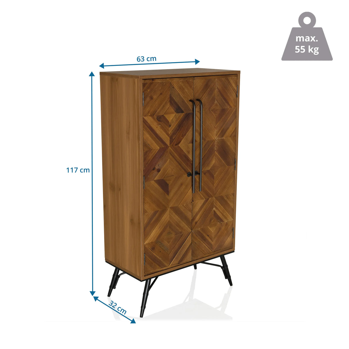Maßzeichnung der Kommode SANTJAGO WOOD HIGH mit 117 × 63 cm und maximal 55 kg Belastbarkeit von hjh LIVING