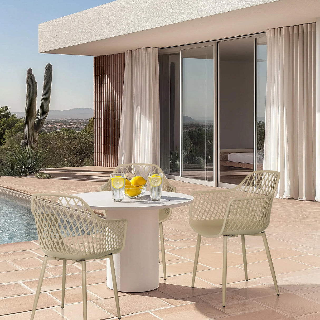 Outdoor-Stuhl BEGIO L in Beige mit Netzstruktur-Rückenlehne und Armlehnen von hjh LIVING