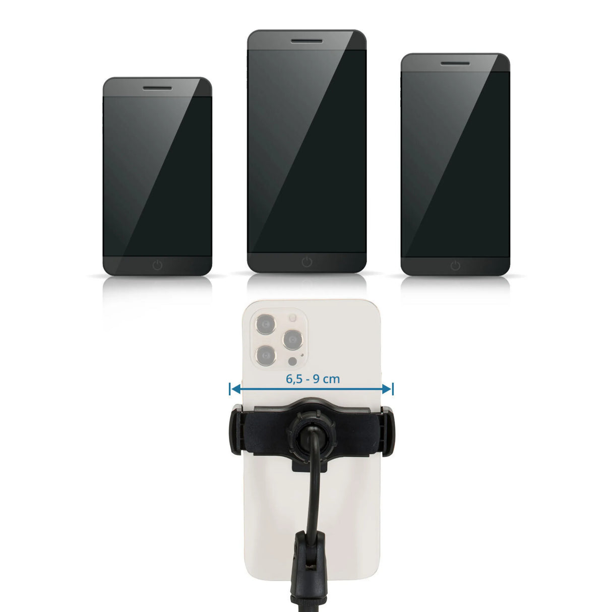Verstellbare Breite von 6,5 - 9 cm der Handy- und Tablet-Halterung FLEXMOBI II von hjh OFFICE