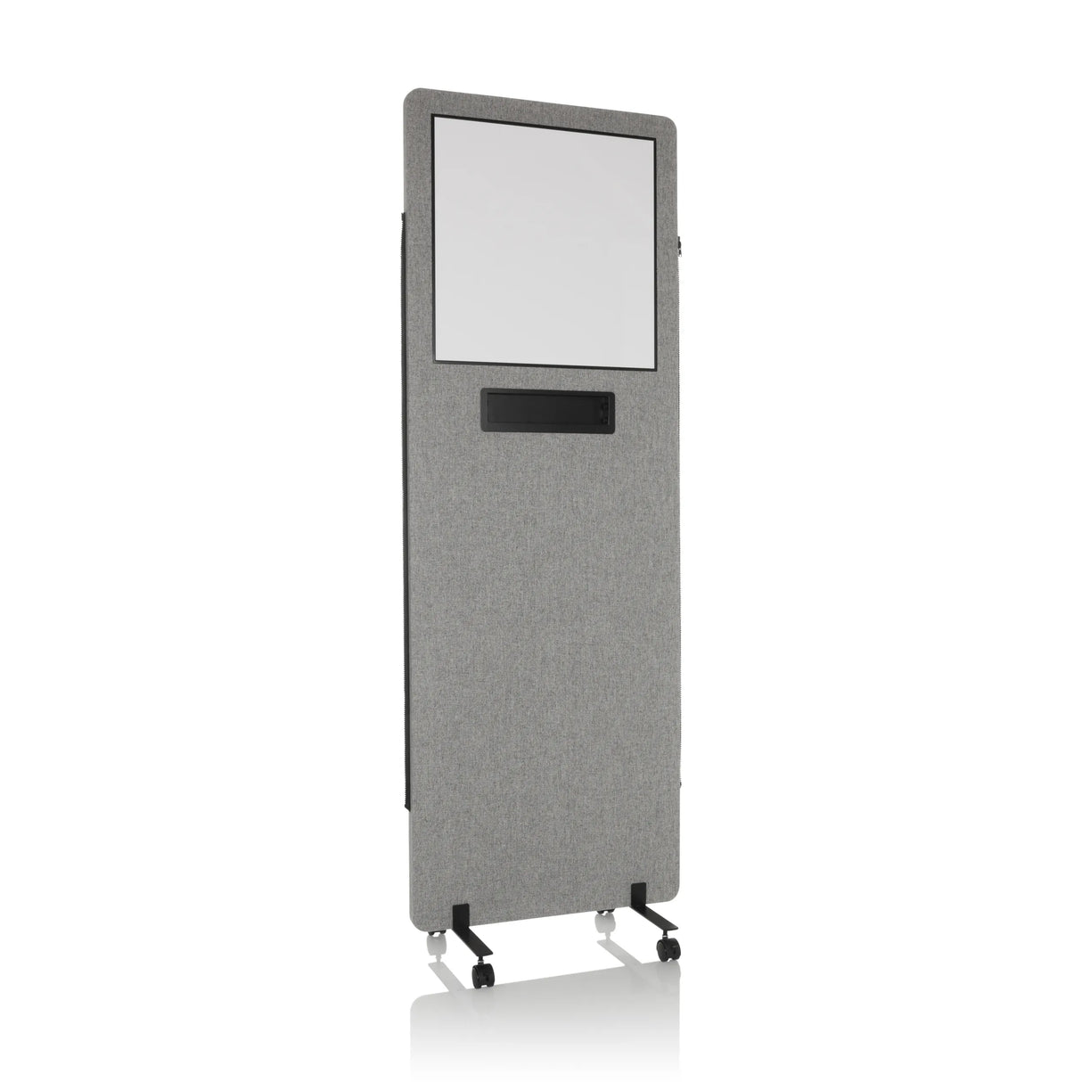 Hellgraue Trennwand FLEXMIUT WB mit integriertem Whiteboard und Rollen von hjh OFFICE – 360-Grad-Ansicht (Frontansicht 15°)