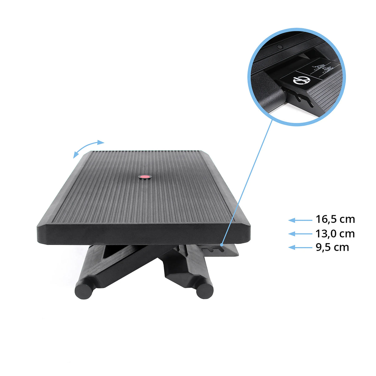 Höhenverstellbare Fußablage PIEDINO STRIPE PRO in Schwarz mit Maßen von 9,5 cm, 13,0 cm und 16,5 cm von hjh OFFICE
