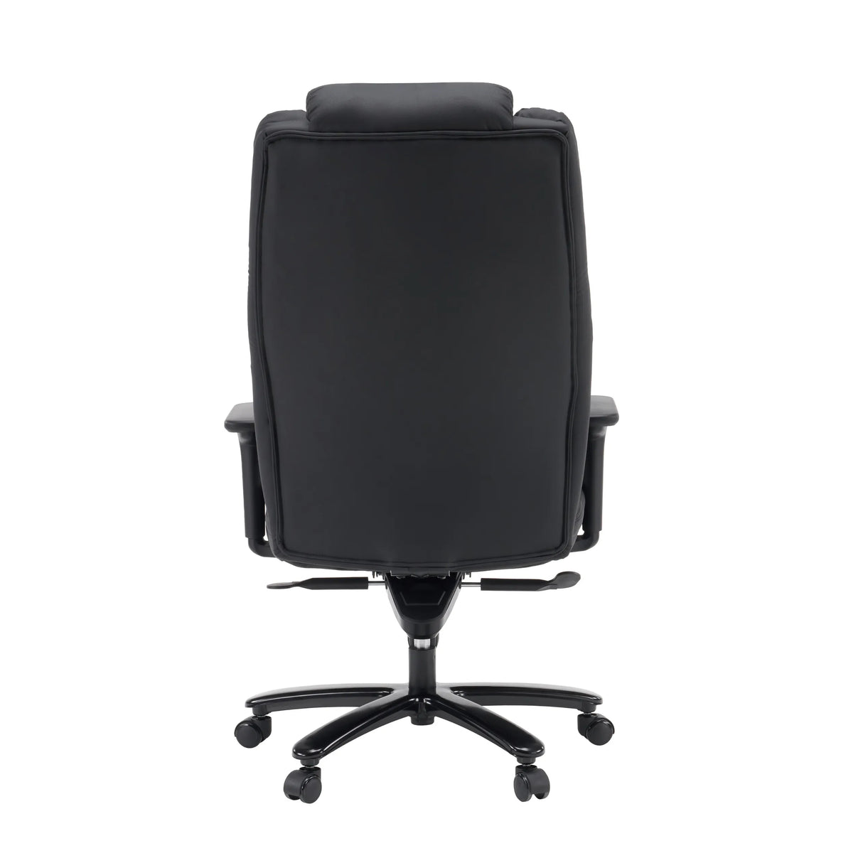Rückansicht des Drehstuhls XXL Pullmann Gen2 aus schwarzem Kunstleder mit fünf Doppelrollen von hjh OFFICE