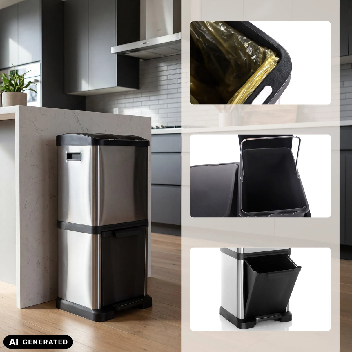 Doppelter Mülleimer CLEAN VII in Silber mit herausnehmbaren Inneneimern von hjh OFFICE (KI-generiertes Bild)