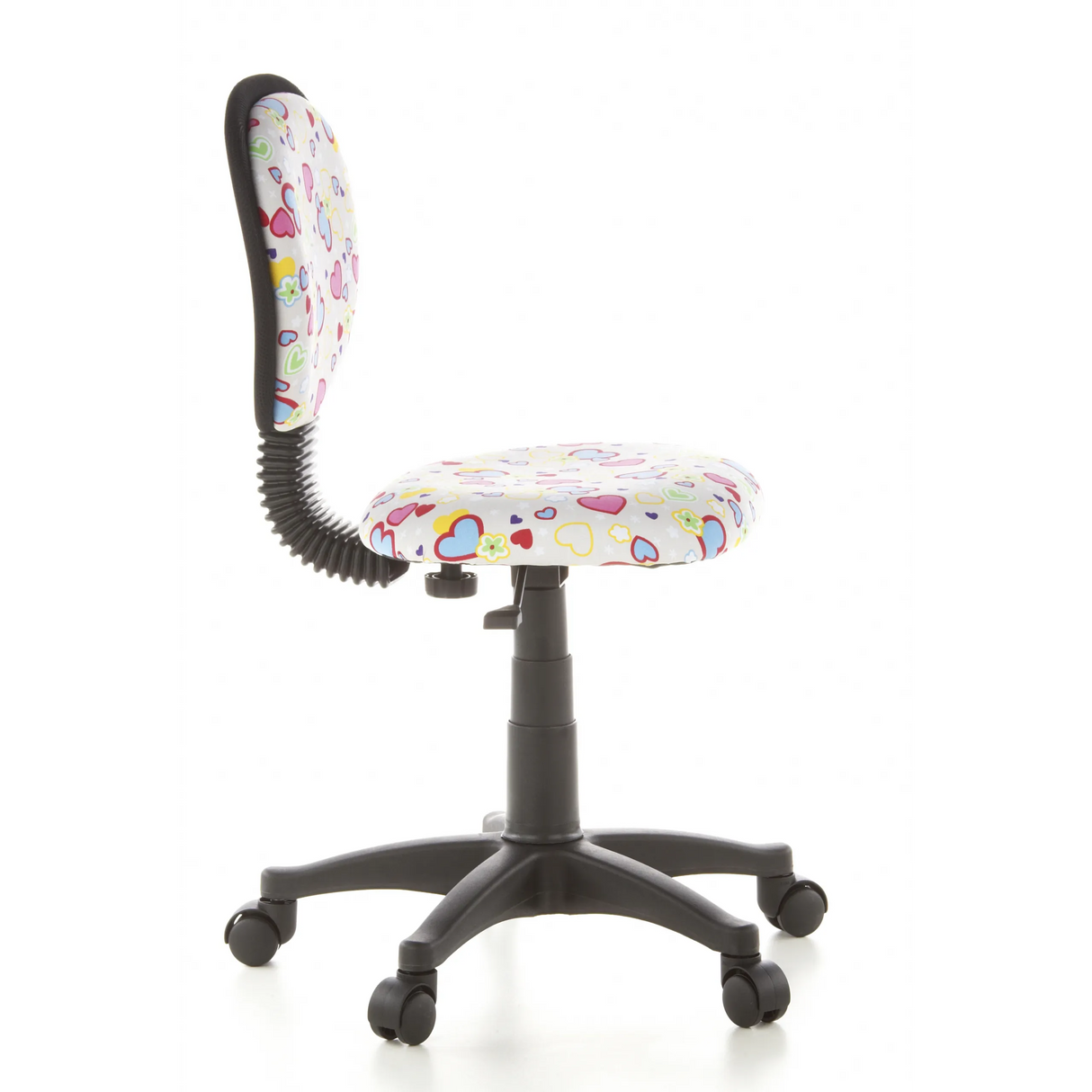 Kinderdrehstuhl KIDDY TOP mit buntem Herz- und Blumenmuster sowie Fußkreuz mit fünf Rollen von hjh OFFICE – 360-Grad-Ansicht (Seitenprofil 80°)