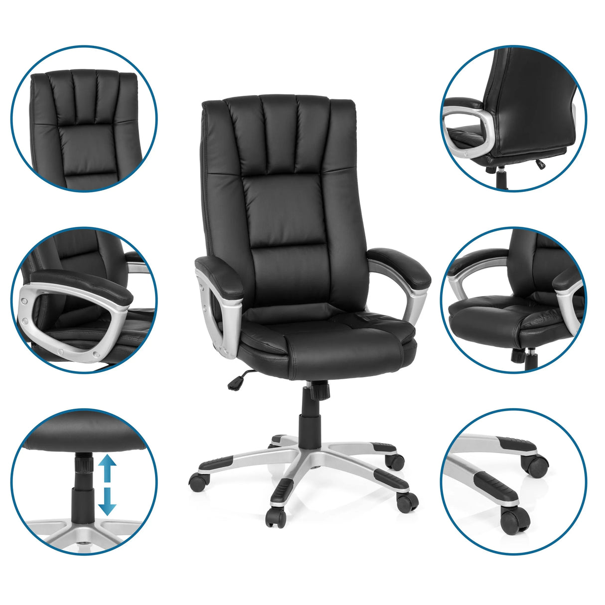Schwarzer Home-Office-Bürostuhl RELAX CL150 mit Detailansichten von Rückenlehne, Armlehnen und Gasdruckfeder von MyBuero