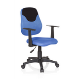 Blauer Kinderdrehstuhl KIDDY STYLE mit Netzrücken, Armlehnen und Fußkreuz mit fünf Rollen von hjh OFFICE – 360-Grad-Ansicht (schräge Frontansicht 40°)