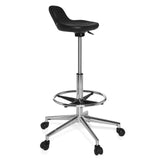 Schwarzer Drehhocker TOP WORK 03 mit Fußring und Fußkreuz mit fünf Rollen von hjh OFFICE – 360-Grad-Ansicht (schräge Frontansicht 60°)