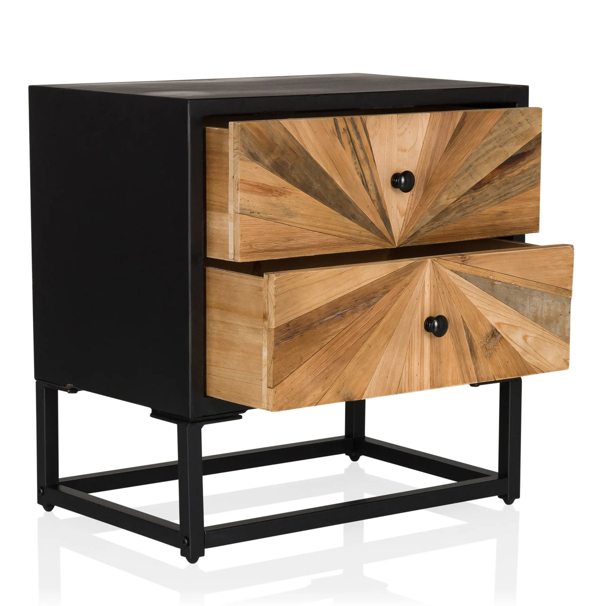 Sideboard SANTJAGO BLACK SUN S mit zwei Holzschubladen im Sonnenstrahlen-Design und schwarzem Metallgestell von hjh LIVING