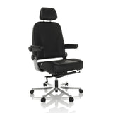 Schwarzer XXL Drehstuhl 24 HOURS F aus Leder mit Kopfstütze und Fußkreuz mit fünf Rollen von hjh OFFICE – 360-Grad-Ansicht (schräge Frontansicht 30°)