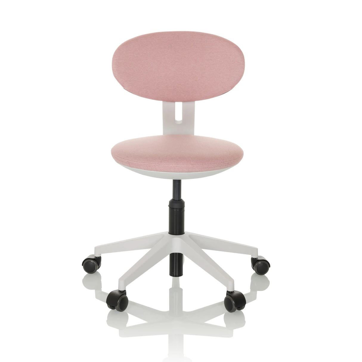 Rosa Kinderdrehstuhl MINIMOVO mit weißem Fußkreuz und fünf Rollen von hjh OFFICE – 360-Grad-Ansicht (Frontansicht 0°)
