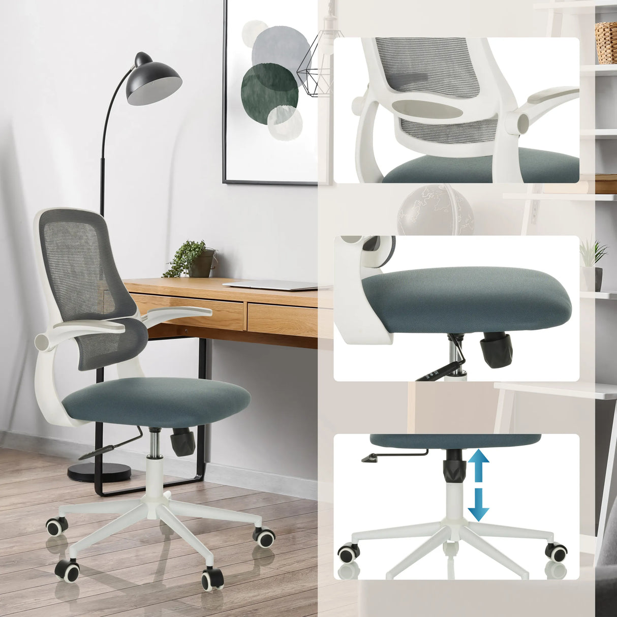 Home-Office-Bürostuhl MIKO W ECO in Grau mit Netzrücken, verstellbarer Sitzhöhe und Rollen von hjh OFFICE