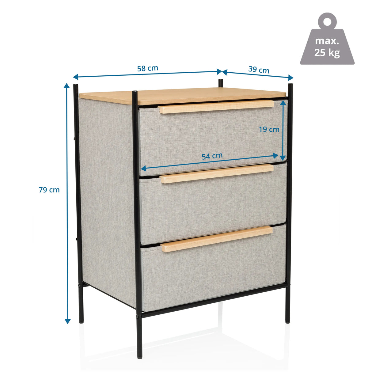 Maßzeichnung der Kommode STUVAR mit einer Höhe von 79 cm und einer Breite von 58 cm von hjh LIVING