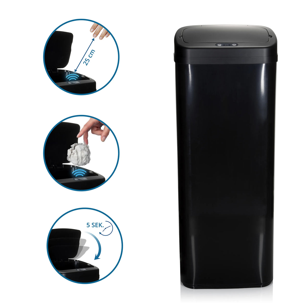 Sensor-Mülleimer CLEAN V in Schwarz mit Sensorabstand von 25 cm und automatischer Deckelöffnung von hjh OFFICE
