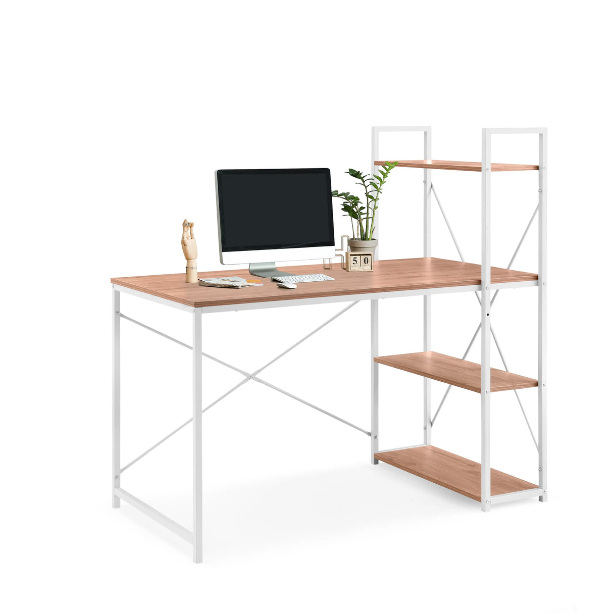 Schreibtisch Easy Up3 in Weiß und Eiche mit integriertem Regal und drei Ablageflächen von hjh LIVING